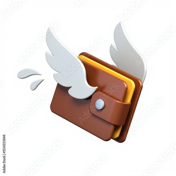 Fototapeta A stylized 3D flying wallet equipped with wings symbolizing spending payment or loss rendered in a PNG format for use as an icon