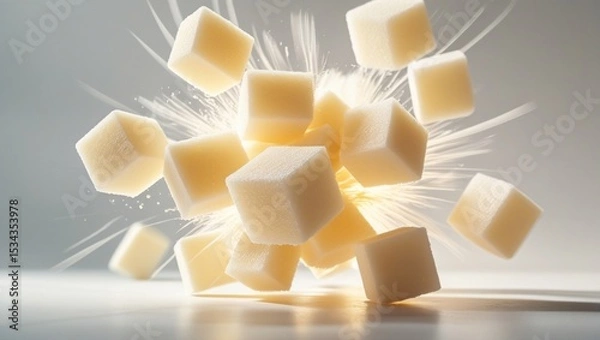 Obraz Motion-blur of creamy sugar cubes mid-air, explosive energy and texture caught in sweet flying frozen moment