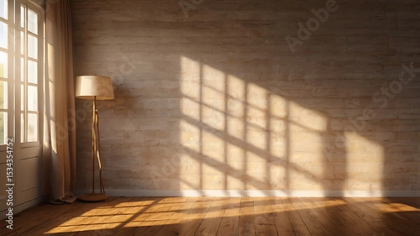 Fototapeta  background featuring warm sunlight casting soft, natural shadows. Detailed textures such as wooden surfaces, fabric folds, leaves, or stone illuminated by golden hour light. Subtle highlights and gen