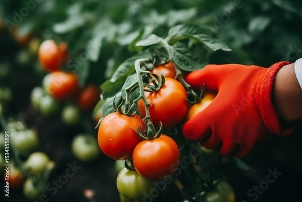 Fototapeta Fresh tomatoes on the tree with the hands of farmers harvesting them.