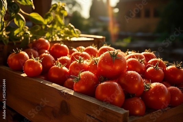 Fototapeta Freshly harvested tomatoes in wooden crates