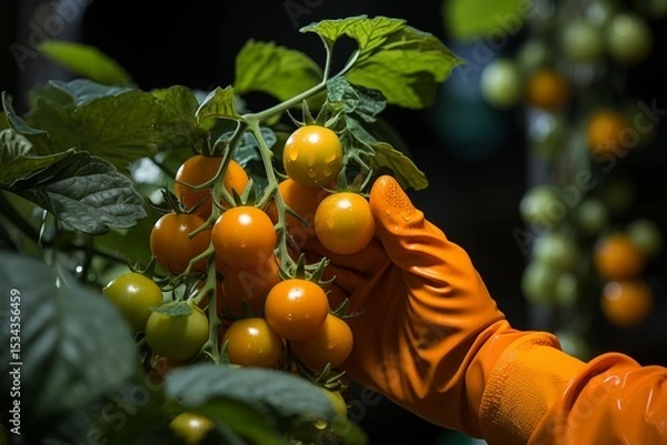 Fototapeta Fresh tomatoes on the tree are being picked or picked by the hands of farmers.