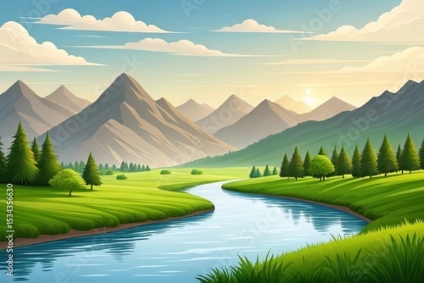 Fototapeta Serene river valley digital illustration in bold flat vector style