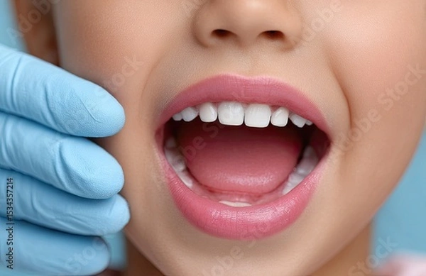 Fototapeta Close-up of a child's mouth with dental tools for a checkup and cleaning in a clinic, against a blue background