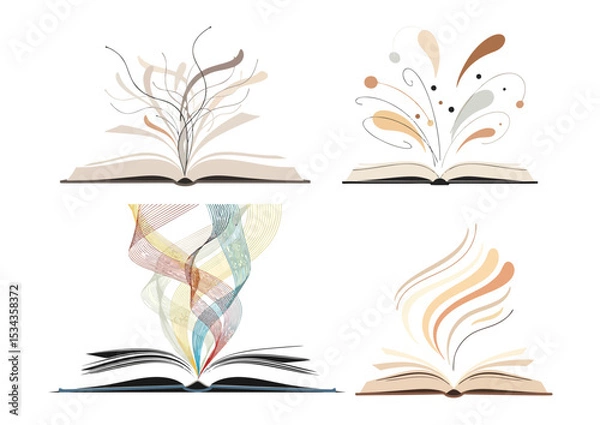 Fototapeta Open book illustration with floating abstract lines, symbolizing discovery and learning