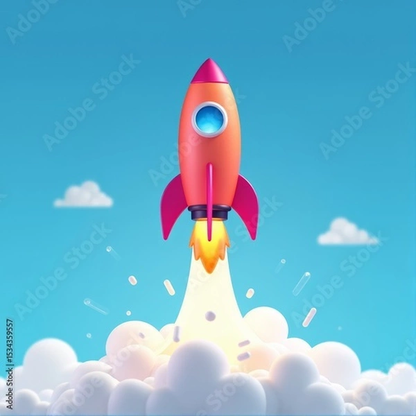 Fototapeta A vibrant pink and yellow rocket poised on a launchpad of swirling smoke ascends into the azure sky symbolizing rapid advancement innovation and the boundless potential of a startup