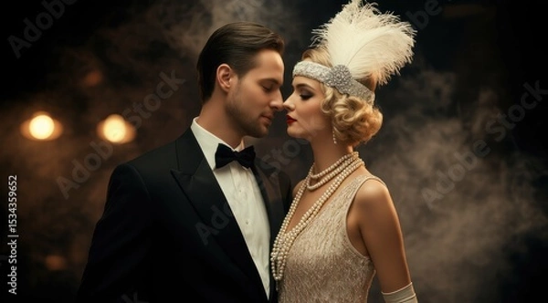 Obraz Elegant couple in vintage attire sharing an intimate moment in the dark