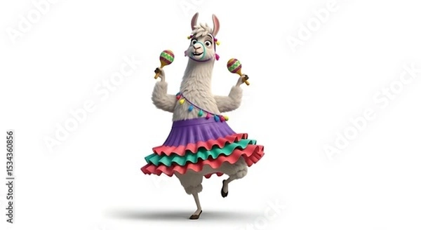 Fototapeta Energetic cartoon llama wearing a ruffled skirt and shaking maracas. Festive and fun dance character on white background.