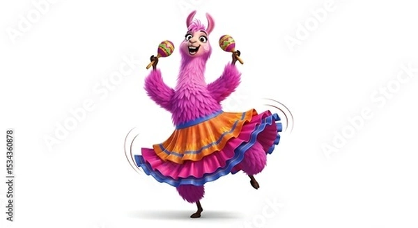 Fototapeta Energetic cartoon llama wearing a ruffled skirt and shaking maracas. Festive and fun dance character on white background.