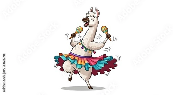 Fototapeta Energetic cartoon llama wearing a ruffled skirt and shaking maracas. Festive and fun dance character on white background.
