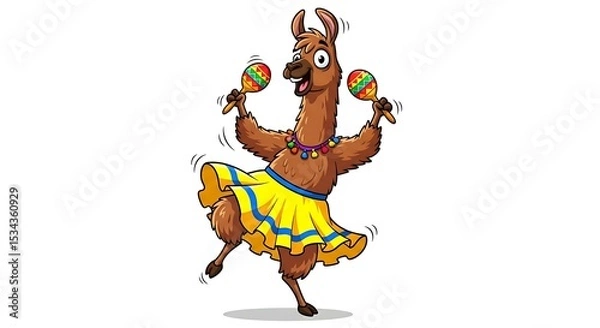 Fototapeta Energetic cartoon llama wearing a ruffled skirt and shaking maracas. Festive and fun dance character on white background.