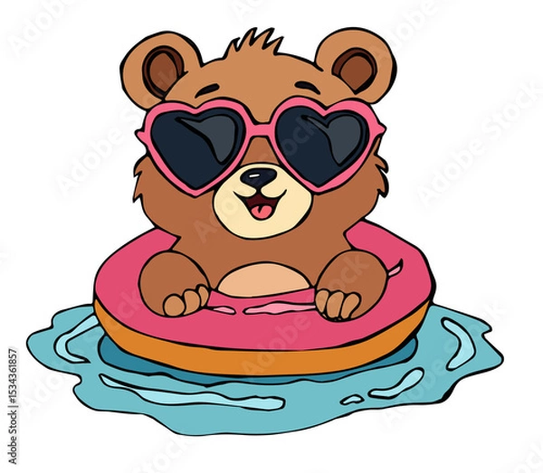 Fototapeta Vector fashion design for children t-shirt. 
Cute teddy bear in sunglasses 
with inflatable ring swims on wave
isolated on white background. Cartoon print for fabric, clothing for boy and girl.