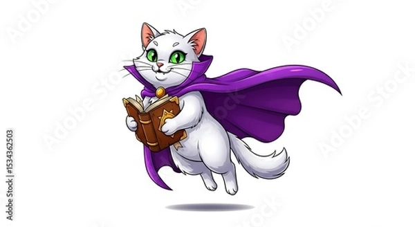Fototapeta Mystical cartoon cat floating with a purple cape and spellbook. Magical fantasy character on white background.