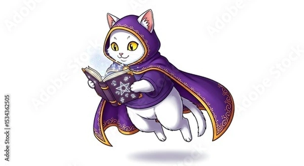 Fototapeta Mystical cartoon cat floating with a purple cape and spellbook. Magical fantasy character on white background.