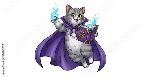 Fototapeta Mystical cartoon cat floating with a purple cape and spellbook. Magical fantasy character on white background.