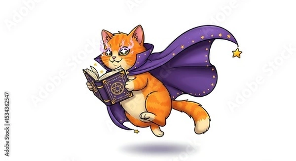 Fototapeta Mystical cartoon cat floating with a purple cape and spellbook. Magical fantasy character on white background.