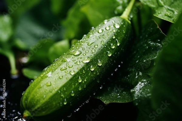 Fototapeta One fresh cucumbers on the stem have water droplets on them.