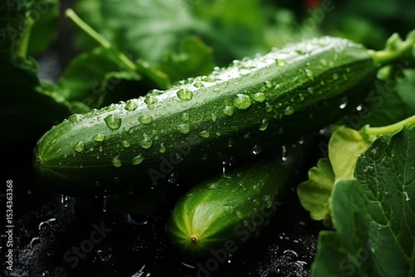Fototapeta Two fresh cucumbers on the stem have water droplets on them.