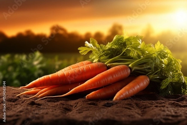 Fototapeta Freshly harvested carrots lay on the ground.