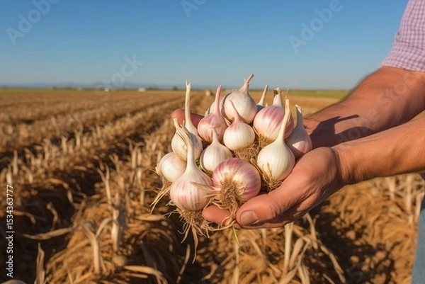 Fototapeta Freshly harvested garlic in the hands of farmers