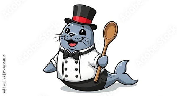 Fototapeta Cartoon seal chef with a tall hat and wooden spoon. Cute cooking animal character on white background.
