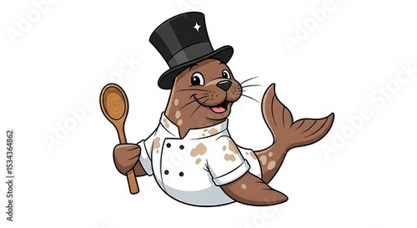Fototapeta Cartoon seal chef with a tall hat and wooden spoon. Cute cooking animal character on white background.