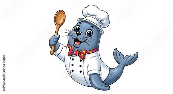 Fototapeta Cartoon seal chef with a tall hat and wooden spoon. Cute cooking animal character on white background.