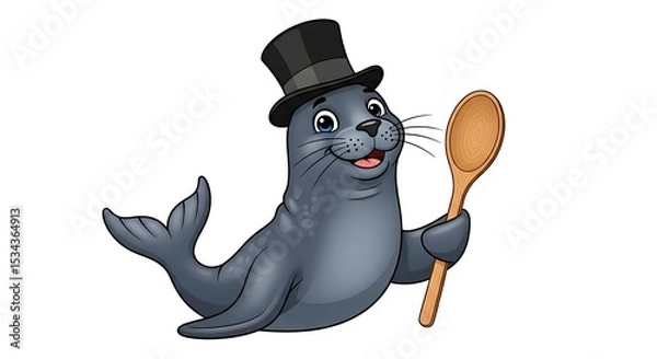 Fototapeta Cartoon seal chef with a tall hat and wooden spoon. Cute cooking animal character on white background.