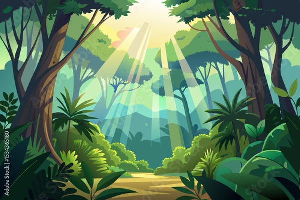 Obraz Morning sun filters through a serene tropical bamboo forest, revealing a lush jungle landscape with various palms and exotic plants under a clear sky