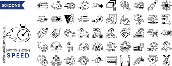 Fototapeta Speed icon set in duotone style. Containing fast, slow, movement, indicator, turbo, speeding, express, speedometer and more. Vector illustration