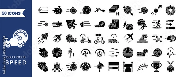 Fototapeta Speed icon set in solid style. Containing fast, slow, movement, indicator, turbo, speeding, express, speedometer and more. Vector illustration