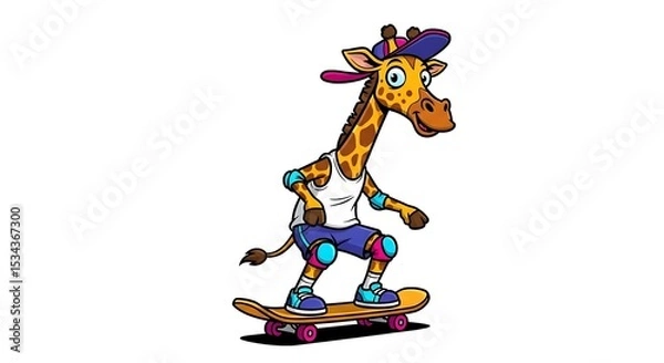 Fototapeta Cool cartoon giraffe skateboarder with backward cap and knee pads. Sporty urban character on white background.