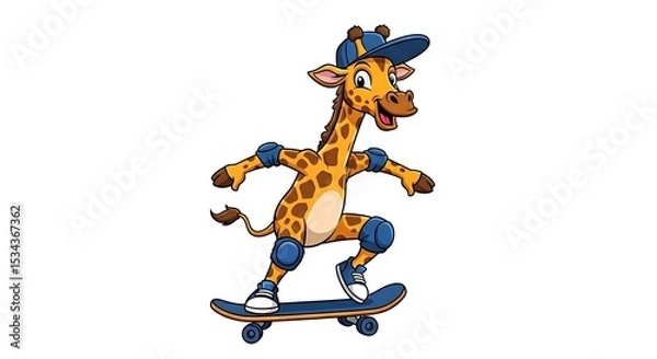 Fototapeta Cool cartoon giraffe skateboarder with backward cap and knee pads. Sporty urban character on white background.