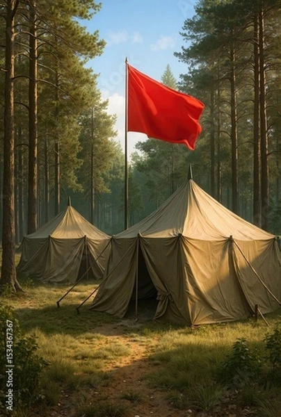 Obraz Military tents with a red flag in a serene forest setting, representing camping and adventure spirit