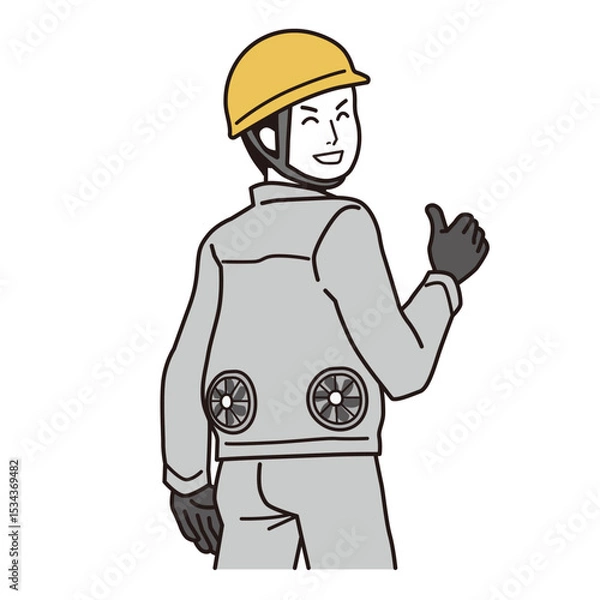 Obraz 熱中症対策　ファン付き作業服を着た笑顔の男性　シンプルなイラスト