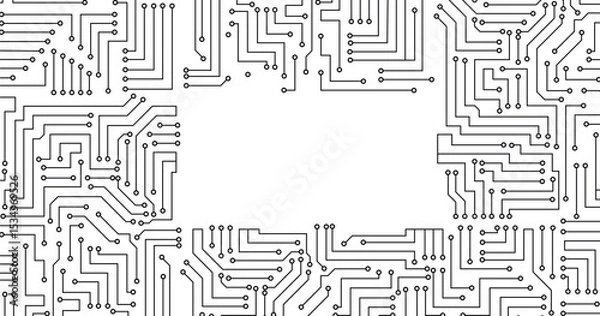 Obraz Circuit board texture background, seamless pattern. Black and white vector circuit board seamless background. 