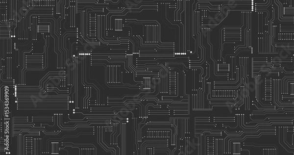 Obraz Circuit board texture background, seamless pattern. White lines and dots on black background. Vector illustration.