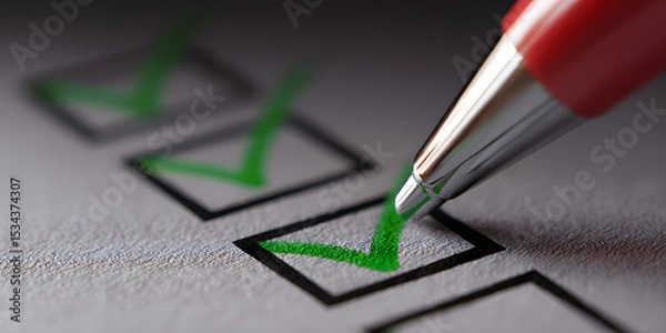 Fototapeta Checklist Completion: A close-up view of a pen marking a checklist, showcasing the meticulous process of ticking off each task with meticulous precision. Emphasizing completion, goals, and efficiency.