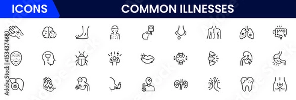 Obraz Common Illnesses line icons set. Common Illnesses outline icons with editable stroke collection. These Includes Breast Cancer, Depression, Brain Tumor, Allergy, Diabetes, and More.