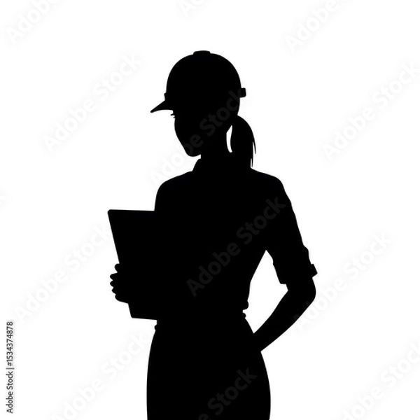 Fototapeta Silhouette of Professional: A silhouette of a female professional stands confidently, clutching a file, symbolizing competence and determination in the workplace.
