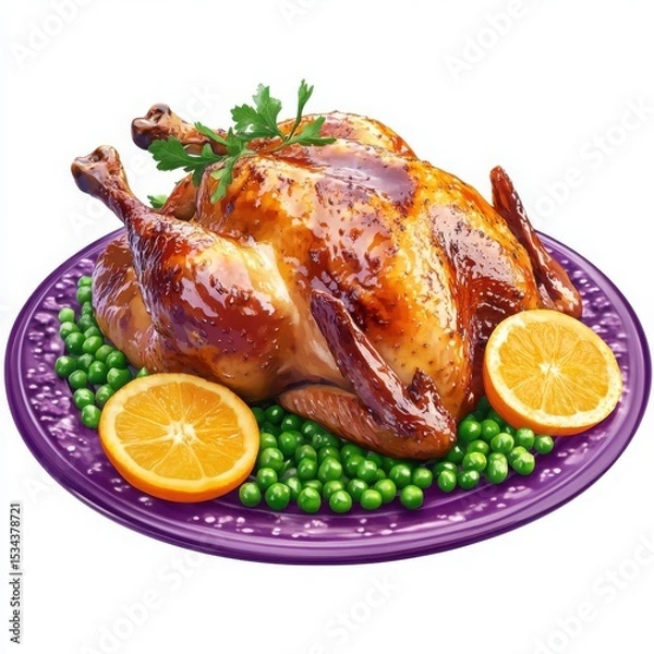 Obraz Roasted Chicken with Peas and Oranges on Purple Plate