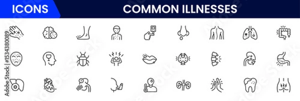 Obraz Common Illnesses line icons set. Common Illnesses outline icons with editable stroke collection. These Includes Breast Cancer, Depression, Brain Tumor, Allergy, Diabetes, and More.