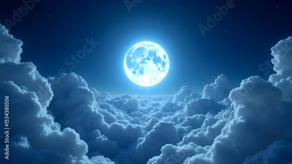 Fototapeta Serene Moonlit Cloudscape: A breathtaking view of a luminous full moon shining brightly above a sea of fluffy clouds, creating a magical and serene nightscape.