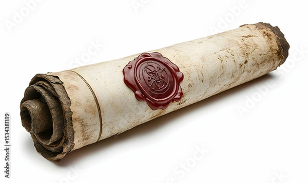 Fototapeta Old scroll with red wax seal, rolled parchment paper, weathered and stained, isolated on white background