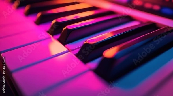 Fototapeta Close-up of illuminated keyboard keys in vibrant pink and blue light.