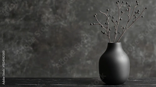 Fototapeta Dark, minimalist vase with dried branches and berries against a textured backdrop.