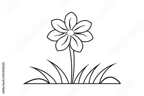 Fototapeta Simple black and white outline drawing of a beautiful daisy flower and grass