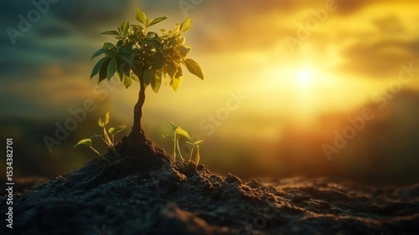 Fototapeta Small sapling growing from soil at sunset.