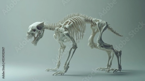 Fototapeta 3D rendered animal skeleton, a predatory creature's skeletal structure, posed in a dynamic stance, against a muted, light gray background.