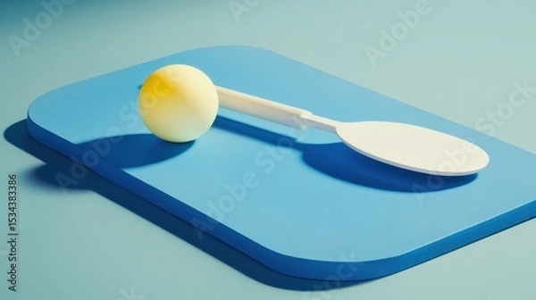 Fototapeta Minimalist composition of a yellow ball and a white paddle on a light blue surface.